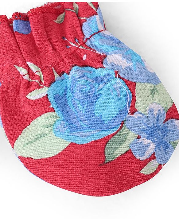 Babyhug 100% Cotton Mittens & Booties Floral Print - Red