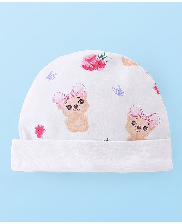 Babyhug 100% Cotton Cap With Teddy Print & Bow Applique White - Diameter 10 cm