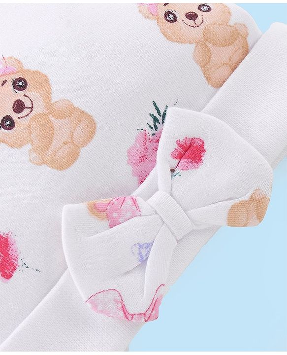 Babyhug 100% Cotton Cap With Teddy Print & Bow Applique White - Diameter 10 cm