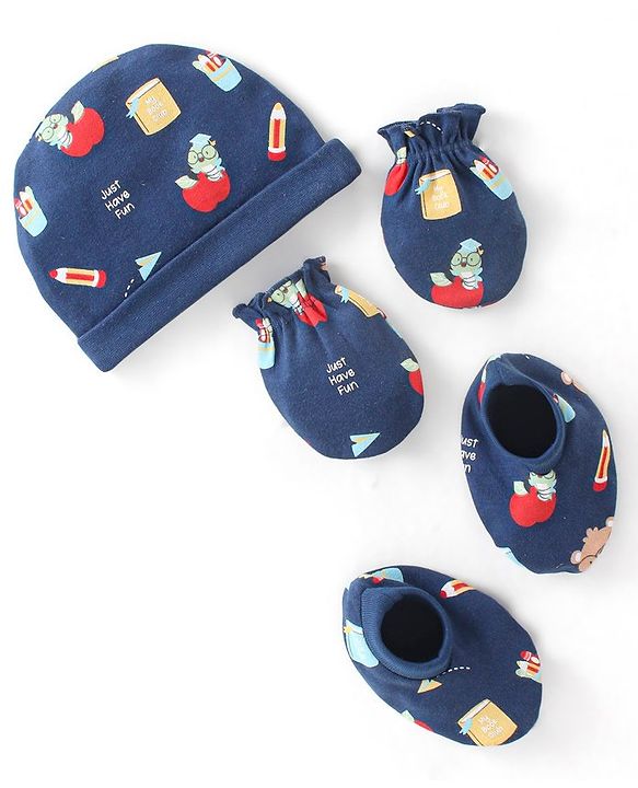 Babyhug 100% Cotton Caps Mittens & Booties with Caterpillar Print- Navy Blue