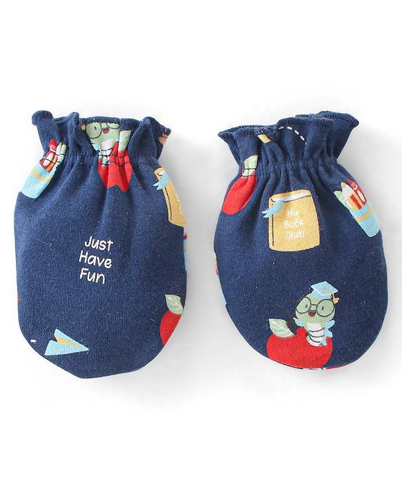 Babyhug 100% Cotton Caps Mittens & Booties with Caterpillar Print- Navy Blue