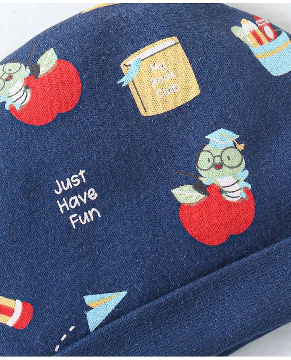 Babyhug 100% Cotton Caps Mittens & Booties with Caterpillar Print- Navy Blue