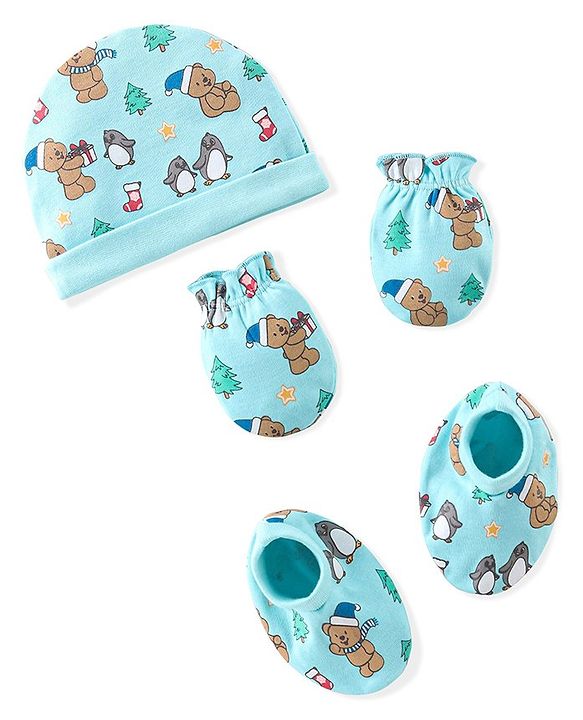 Babyhug 100% Cotton Knit Cap Mittens & Booties Set Teddy Print - Blue