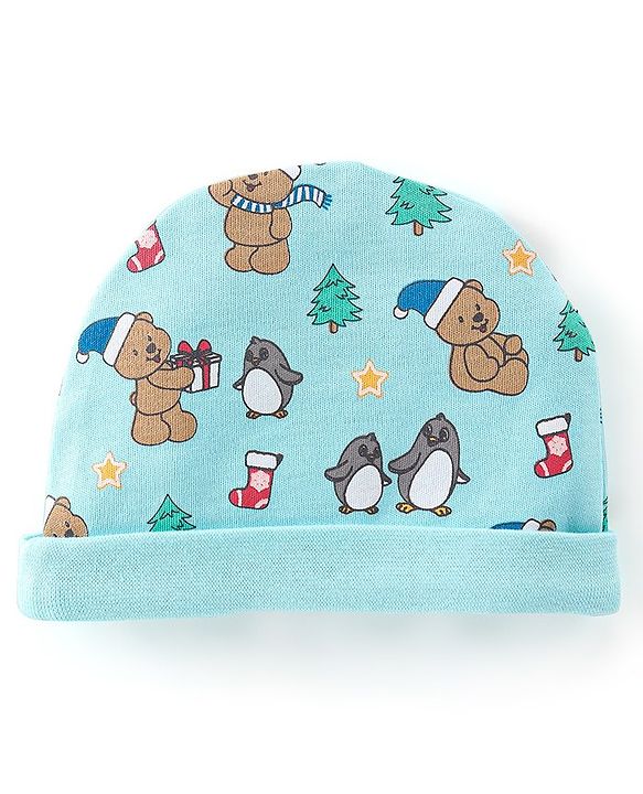 Babyhug 100% Cotton Knit Cap Mittens & Booties Set Teddy Print - Blue