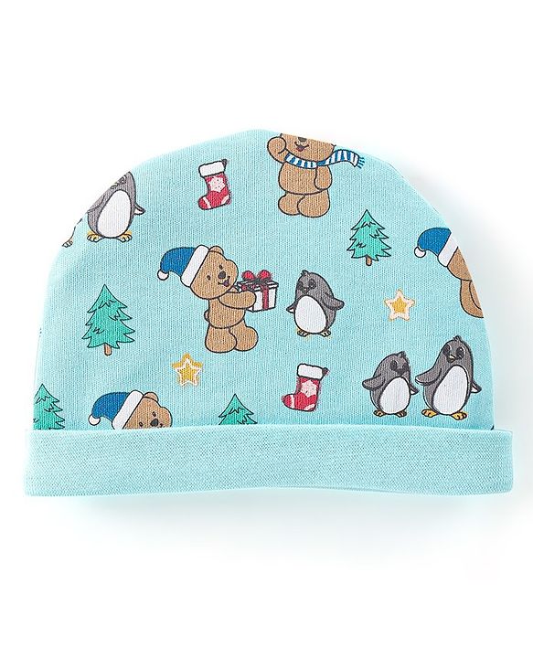 Babyhug 100% Cotton Knit Cap Mittens & Booties Set Teddy Print - Blue