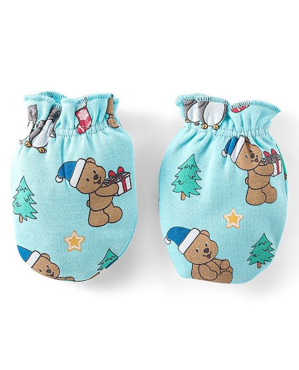 Babyhug 100% Cotton Knit Cap Mittens & Booties Set Teddy Print - Blue