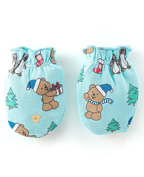 Babyhug 100% Cotton Knit Cap Mittens & Booties Set Teddy Print - Blue