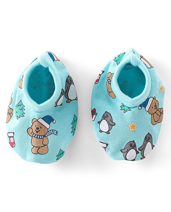 Babyhug 100% Cotton Knit Cap Mittens & Booties Set Teddy Print - Blue
