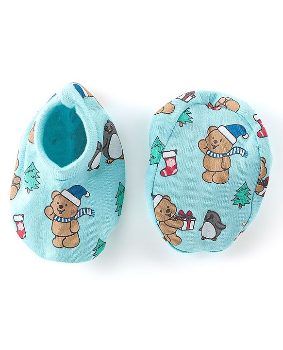 Babyhug 100% Cotton Knit Cap Mittens & Booties Set Teddy Print - Blue