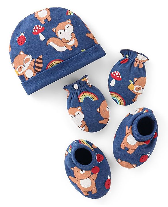 Babyhug 100% Cotton Cap Mittens & Booties Set Animal Print Blue - Diameter 16 cm