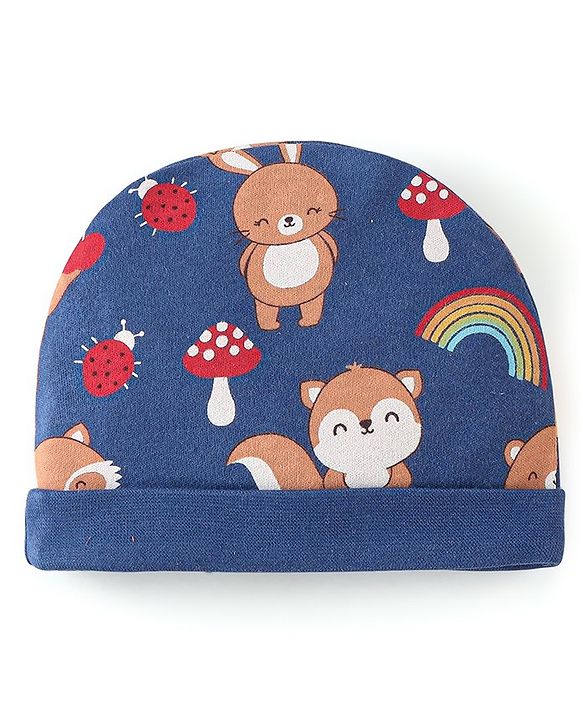 Babyhug 100% Cotton Cap Mittens & Booties Set Animal Print Blue - Diameter 16 cm