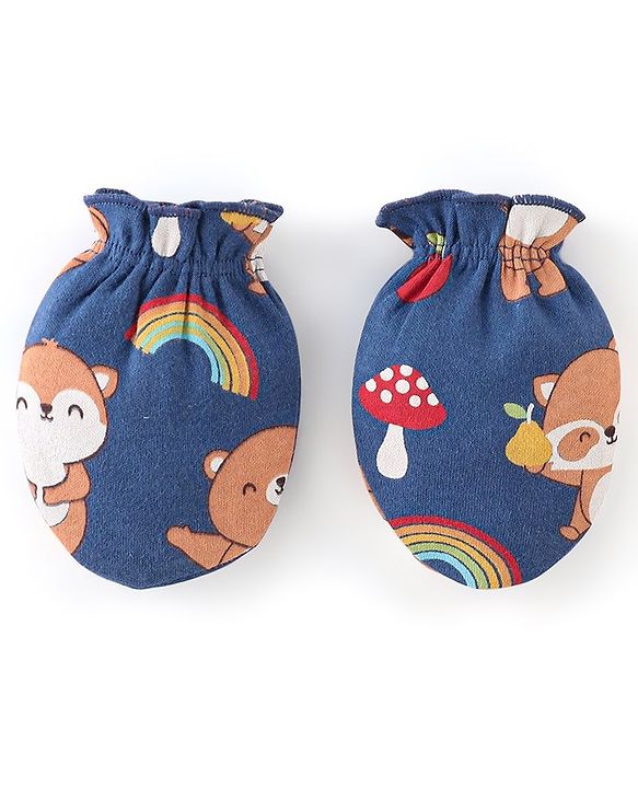 Babyhug 100% Cotton Cap Mittens & Booties Set Animal Print Blue - Diameter 16 cm