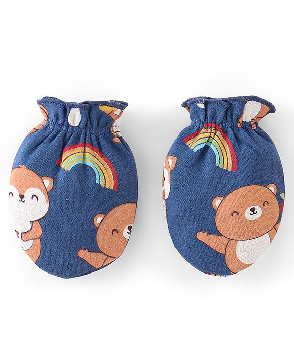 Babyhug 100% Cotton Cap Mittens & Booties Set Animal Print Blue - Diameter 16 cm