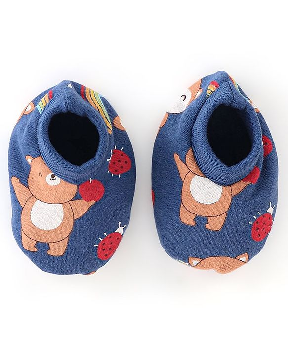 Babyhug 100% Cotton Cap Mittens & Booties Set Animal Print Blue - Diameter 16 cm