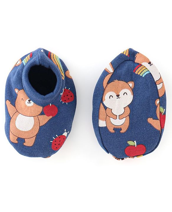 Babyhug 100% Cotton Cap Mittens & Booties Set Animal Print Blue - Diameter 16 cm