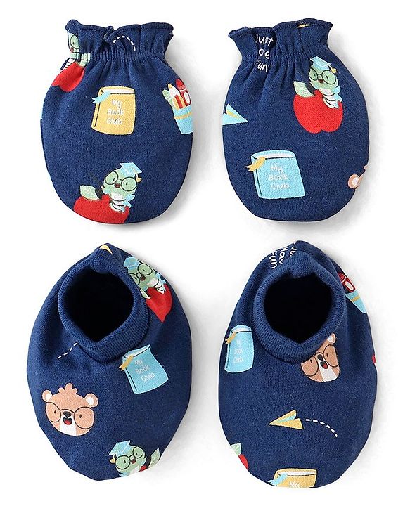 Babyhug 100% Cotton Mittens & Booties Teddy Print - Navy Blue