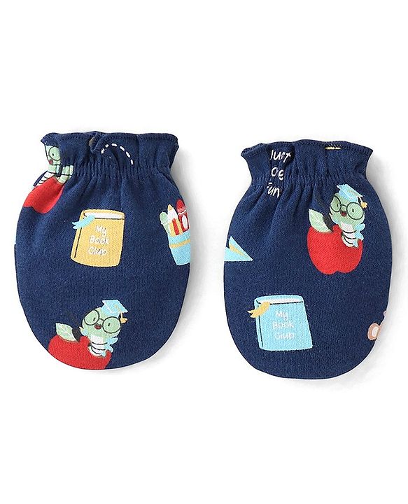 Babyhug 100% Cotton Mittens & Booties Teddy Print - Navy Blue