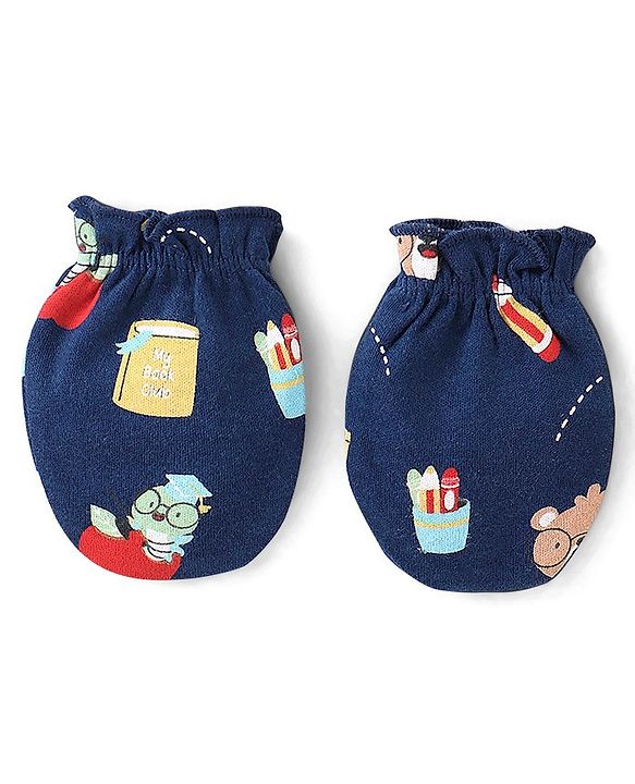 Babyhug 100% Cotton Mittens & Booties Teddy Print - Navy Blue