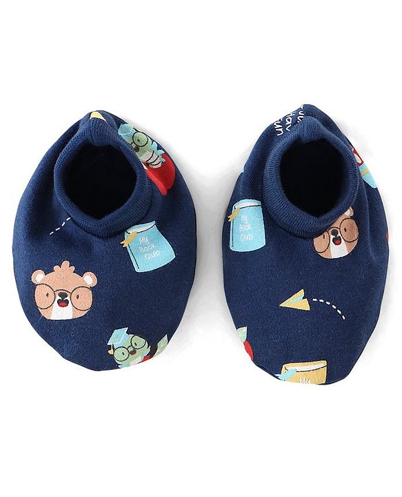 Babyhug 100% Cotton Mittens & Booties Teddy Print - Navy Blue