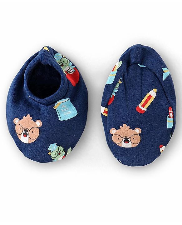 Babyhug 100% Cotton Mittens & Booties Teddy Print - Navy Blue