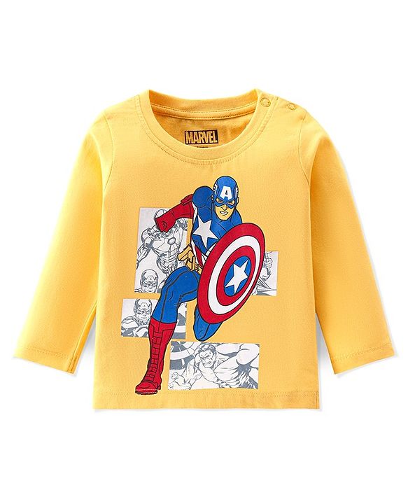 Babyhug 100% Cotton Full Sleeves T-Shirt Captain America Print - Yellow