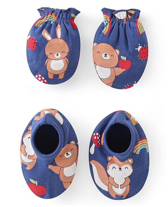 Babyhug 100% Cotton Mittens & Booties Set Animal Print - Blue