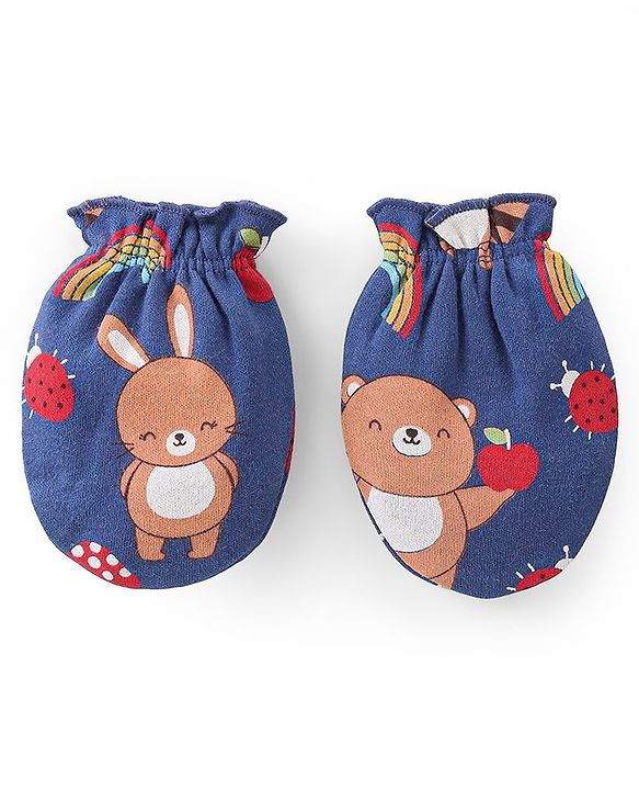 Babyhug 100% Cotton Mittens & Booties Set Animal Print - Blue