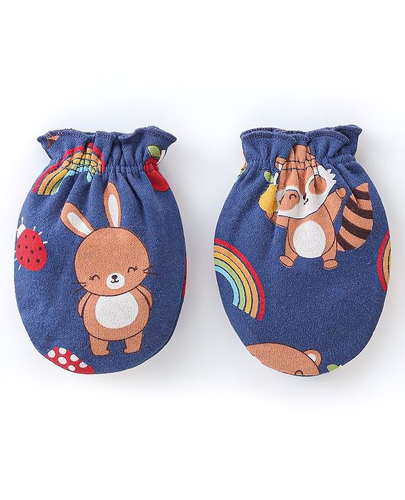 Babyhug 100% Cotton Mittens & Booties Set Animal Print - Blue