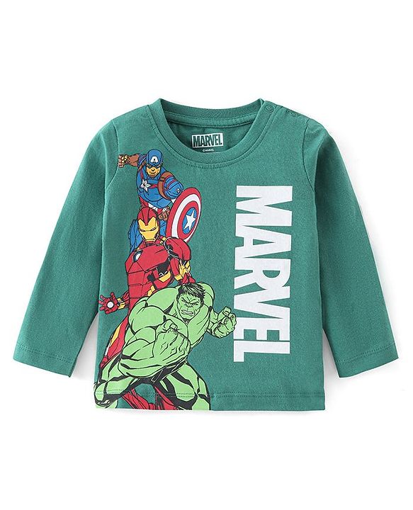 Babyhug Cotton Knit Full Sleeves Marvel Print T-Shirt - Green