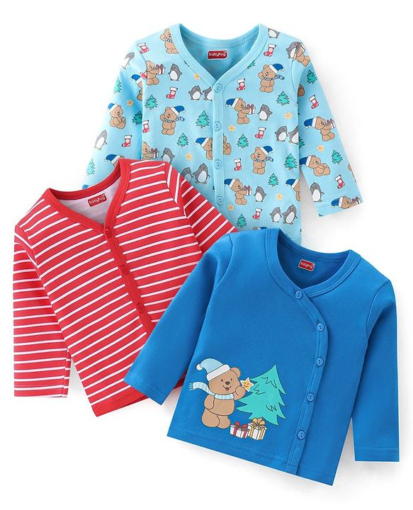 Babyhug 100% Cotton Knit  Full Sleeves Front Open Vests  with Stripe & Teddy Bear Print Pack of 3  - Multicolour