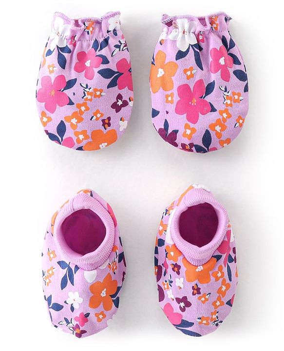 Babyhug 100% Cotton Mittens & Booties With Floral Print - Purple