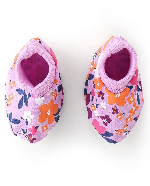 Babyhug 100% Cotton Mittens & Booties With Floral Print - Purple