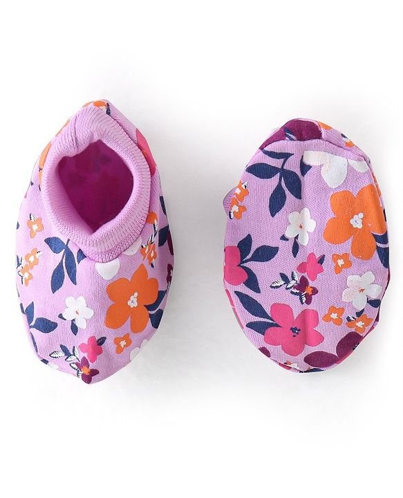 Babyhug 100% Cotton Mittens & Booties With Floral Print - Purple