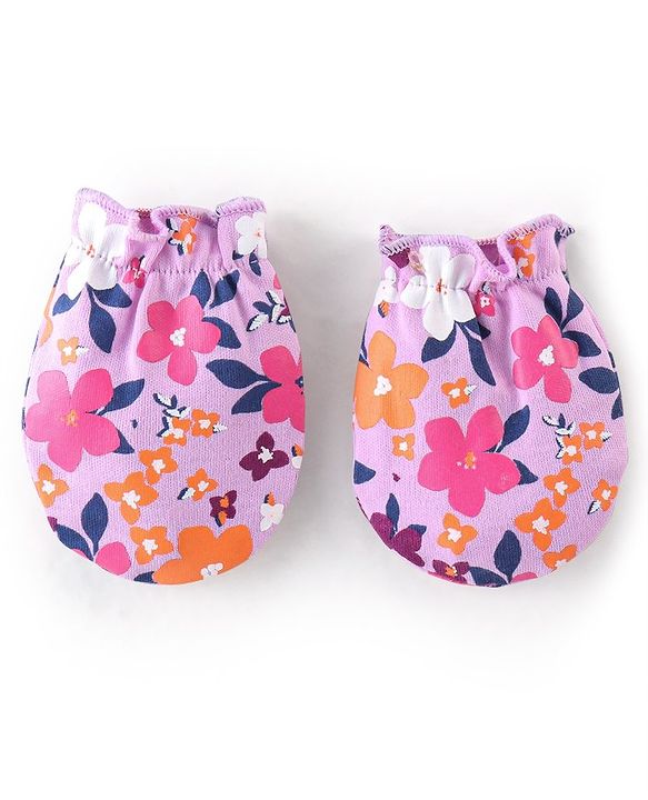 Babyhug 100% Cotton Mittens & Booties With Floral Print - Purple