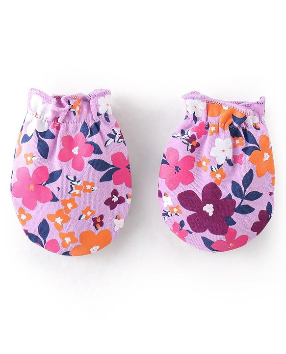 Babyhug 100% Cotton Mittens & Booties With Floral Print - Purple
