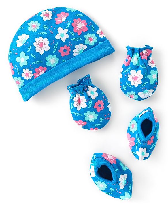 Babyhug 100% Cotton Knit Cap Mittens & Booties With Floral Print Blue - Diameter 17 cm