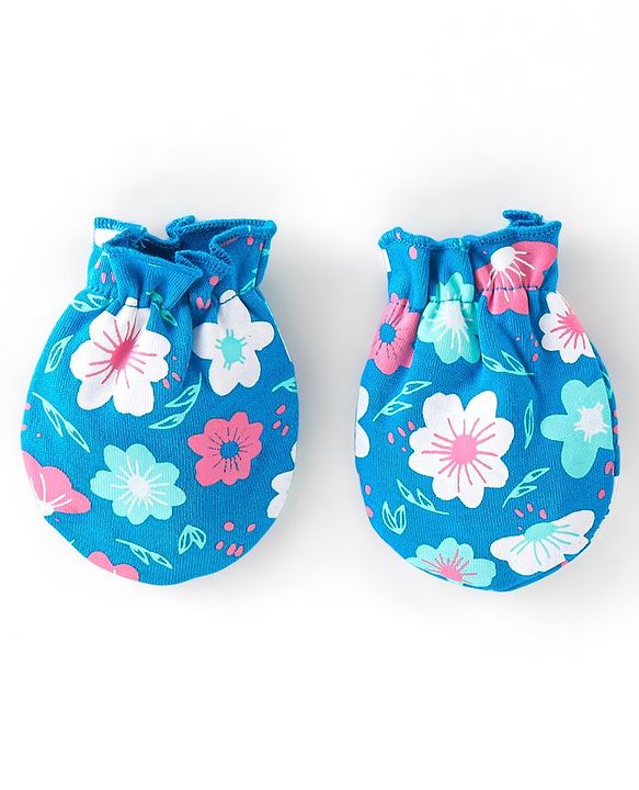 Babyhug 100% Cotton Knit Cap Mittens & Booties With Floral Print Blue - Diameter 17 cm