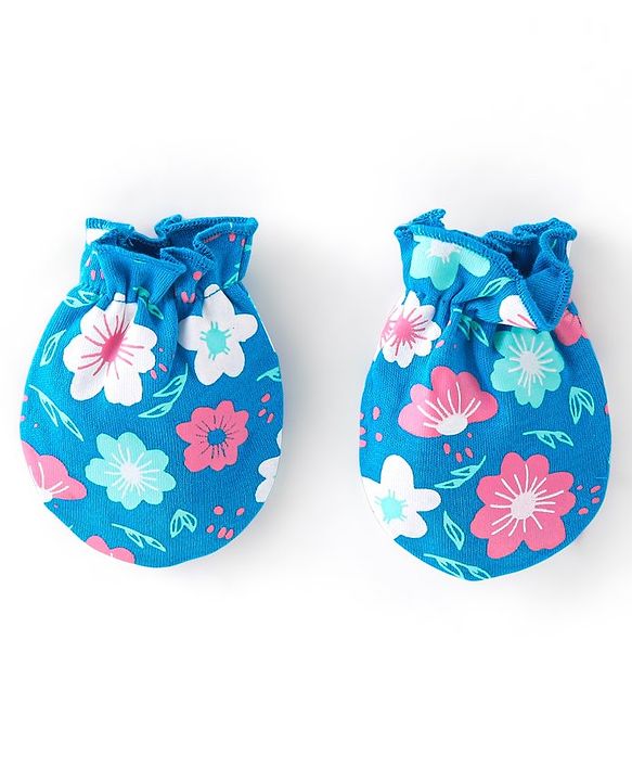 Babyhug 100% Cotton Knit Cap Mittens & Booties With Floral Print Blue - Diameter 17 cm
