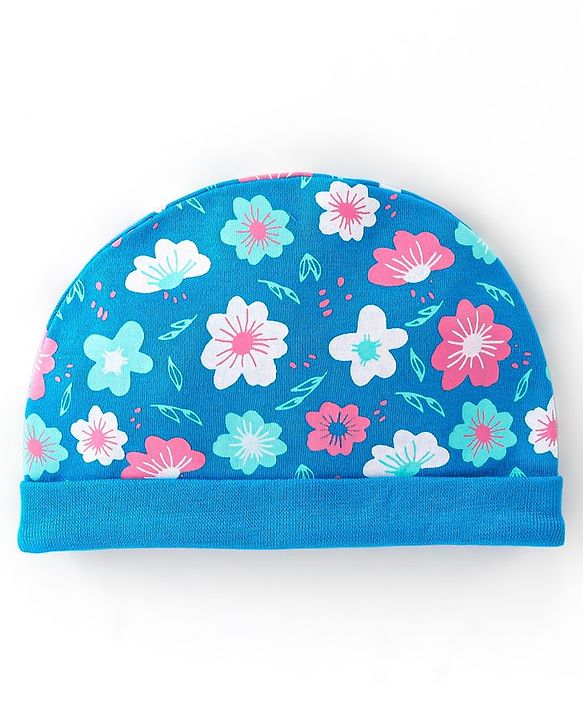 Babyhug 100% Cotton Knit Cap Mittens & Booties With Floral Print Blue - Diameter 17 cm