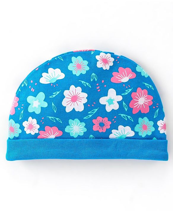 Babyhug 100% Cotton Knit Cap Mittens & Booties With Floral Print Blue - Diameter 17 cm