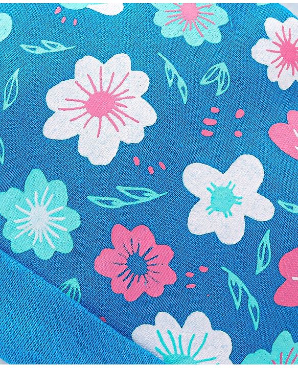 Babyhug 100% Cotton Knit Cap Mittens & Booties With Floral Print Blue - Diameter 17 cm