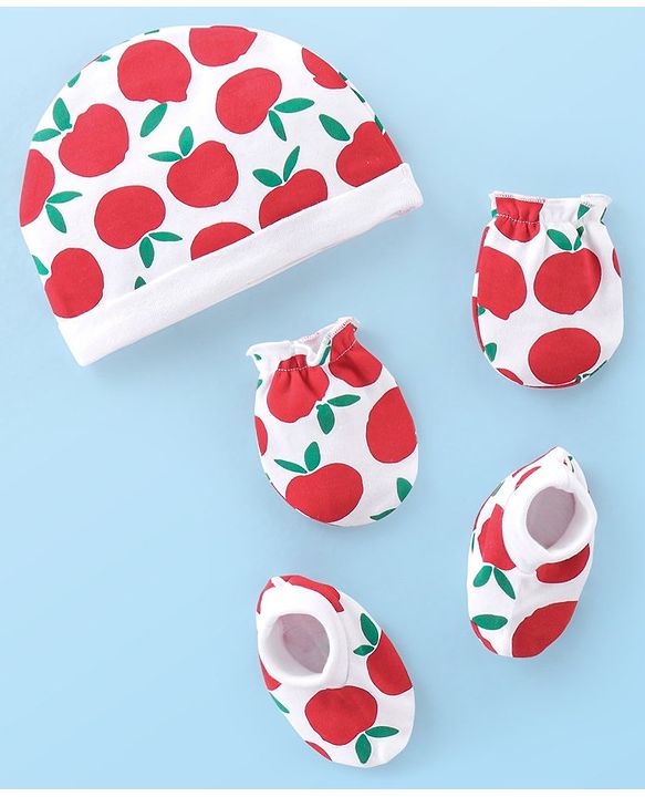 Babyhug 100% Cotton Cap Mittens & Booties With Apple Print - White