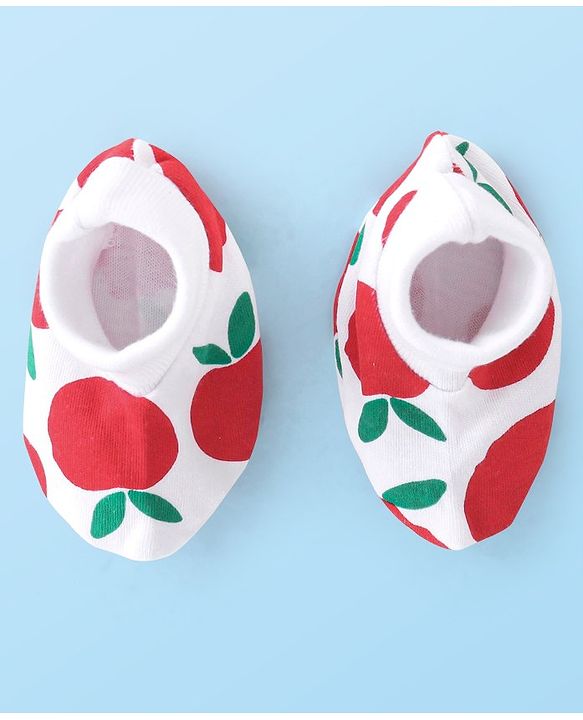 Babyhug 100% Cotton Cap Mittens & Booties With Apple Print - White