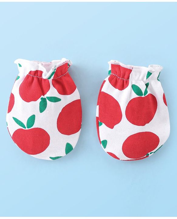 Babyhug 100% Cotton Cap Mittens & Booties With Apple Print - White