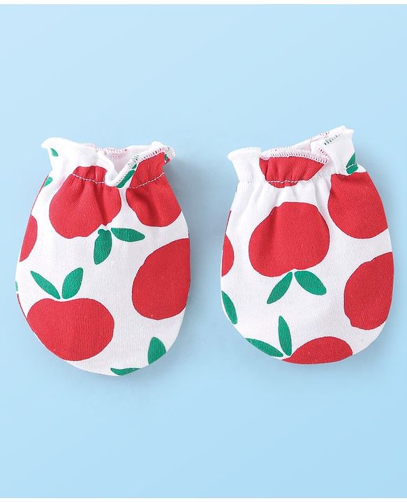Babyhug 100% Cotton Cap Mittens & Booties With Apple Print - White
