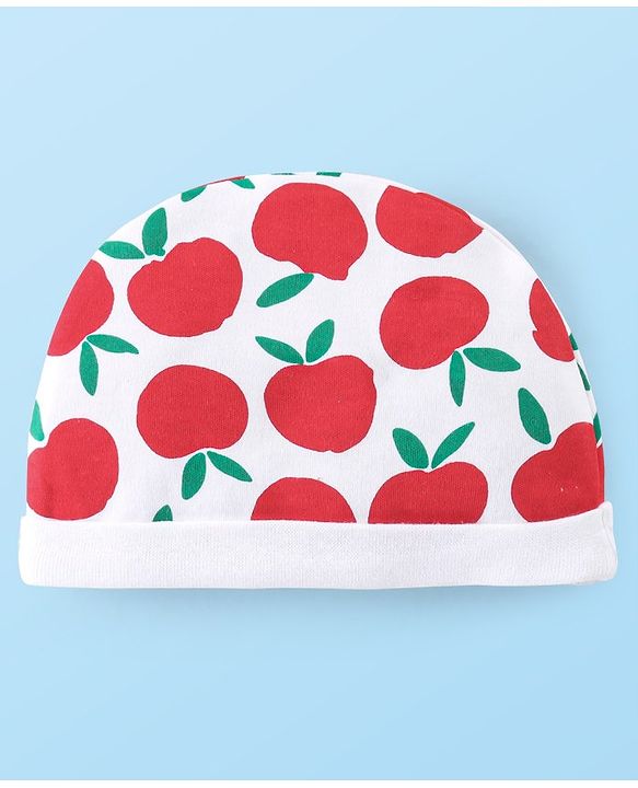 Babyhug 100% Cotton Cap Mittens & Booties With Apple Print - White