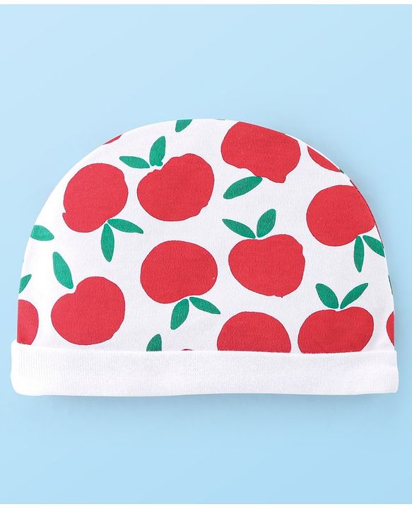 Babyhug 100% Cotton Cap Mittens & Booties With Apple Print - White