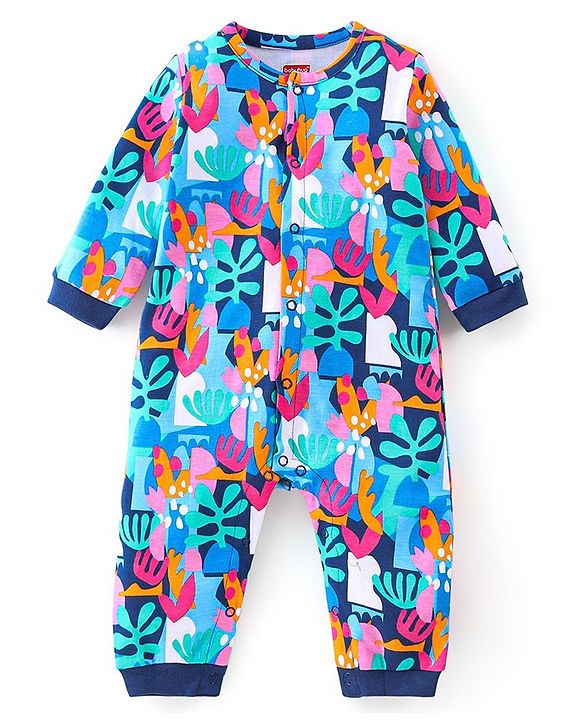 Babyhug 100% Cotton Knit Full Sleeves Romper Floral Print - Multicolour
