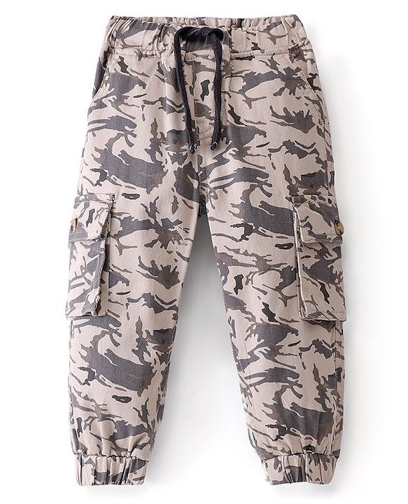 Babyhug Cotton Spandex Full Length Trouser With Camouflage - Beige