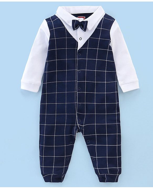 Babyhug Cotton Knit Full Sleeves Party Wear Romper Checkered with Bow Applique - Navy Blue